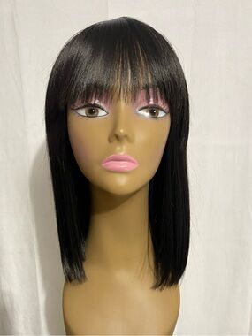 12 Inch Short Straight Yaki Bob Wig With Bangs Synthetic Non-Lace Black New